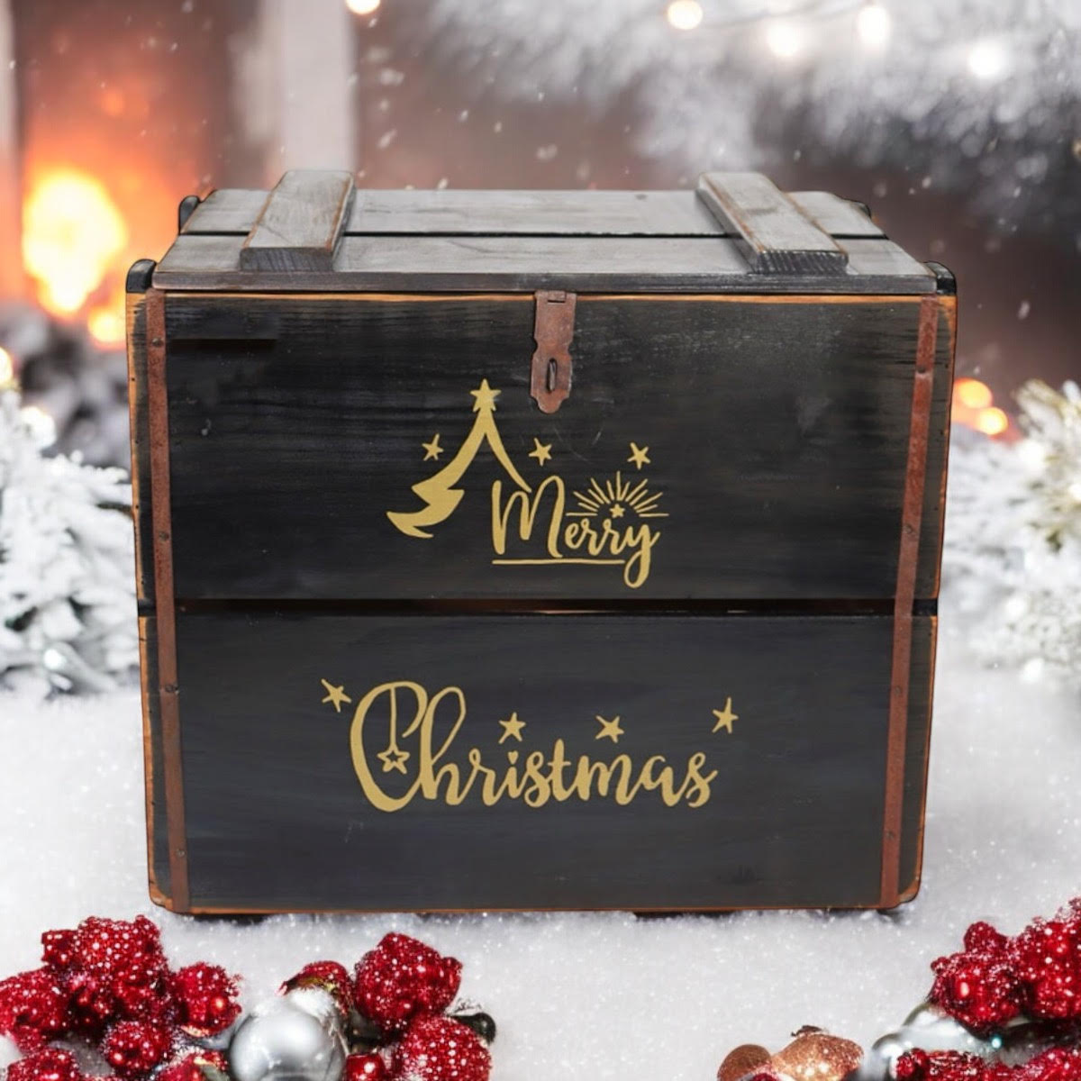 MSL 42cm Black Wooden Christmas Box with Lift-Up Lid, Hand Finished