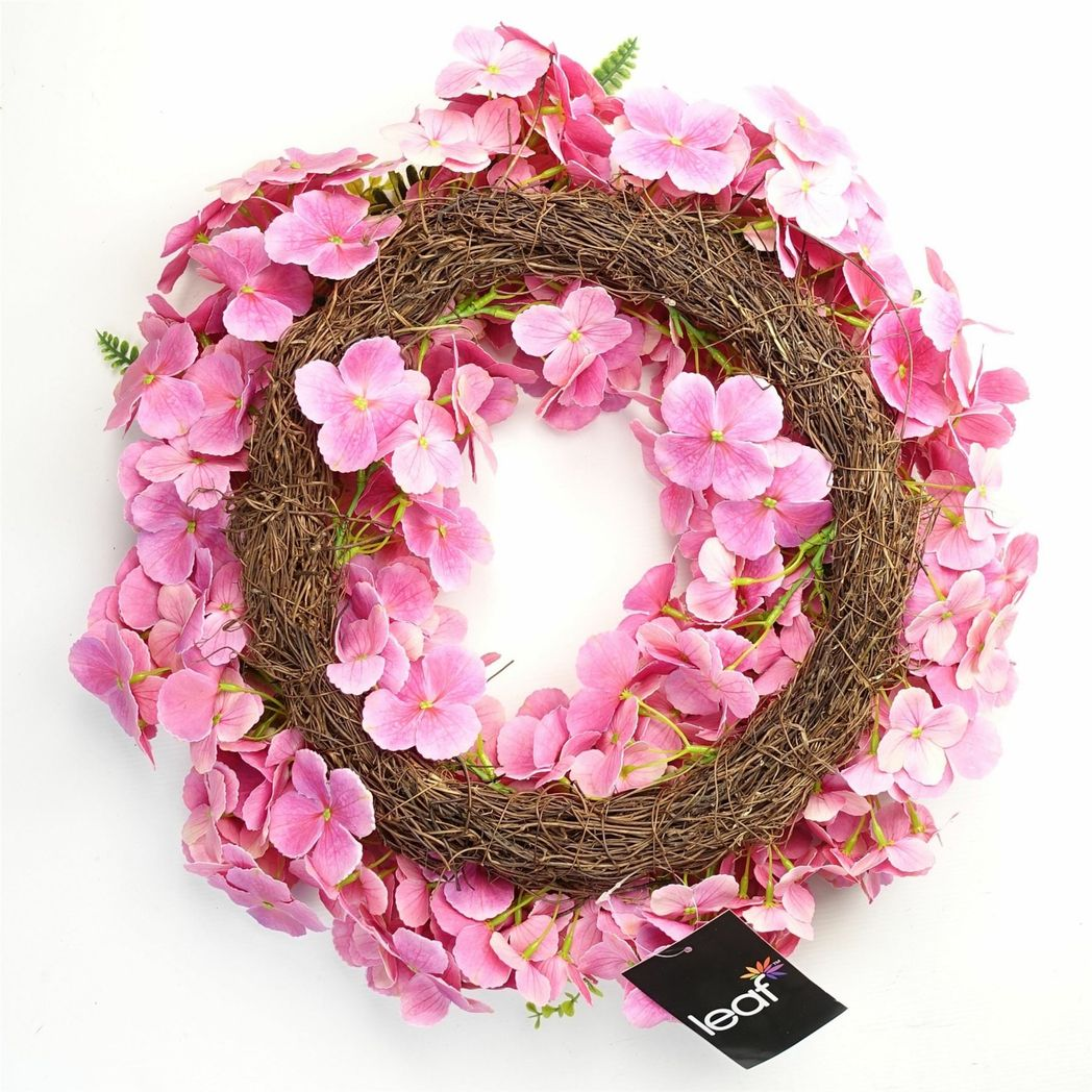 Leaf 40cm Artificial Pink Blossom Wreath with Natural Woven Base