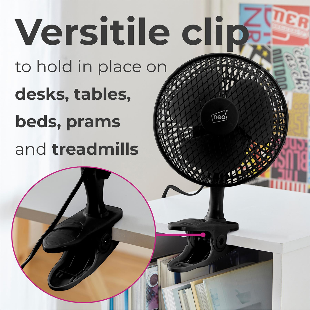 Neo 6-Inch Clip-On or Base Mount Desk Fan, 2-Speed, 360° Rotatable, Black