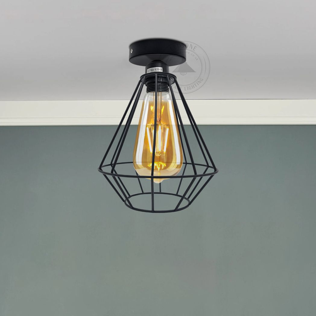Vintage Industrial Geometric Wire Cage Ceiling Light with Metal Ceiling Rose, E27 Holder
