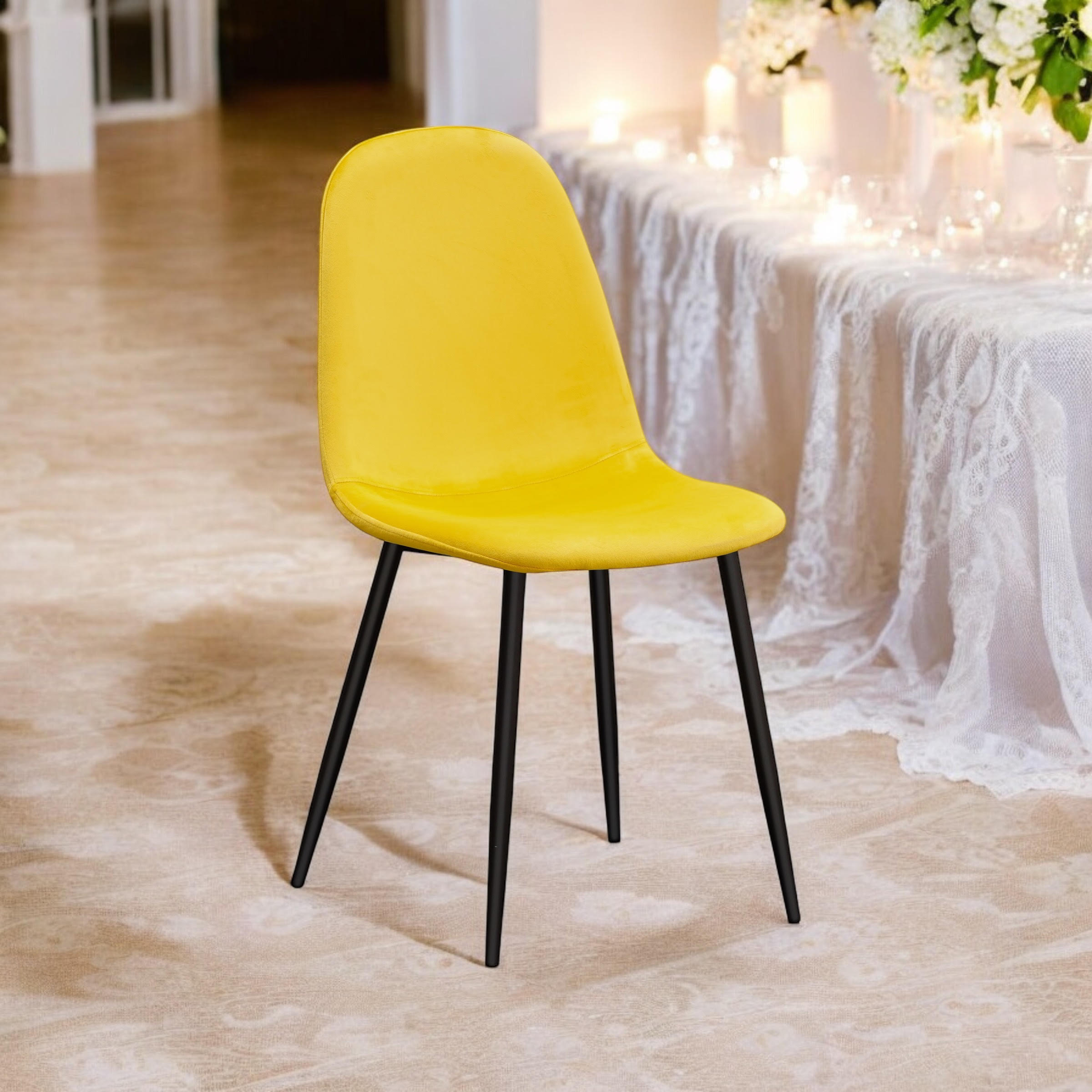 MSL Yellow Fabric Cushioned Chair with Black Eiffel-Style Metal Legs, Modern Ergonomic Seat