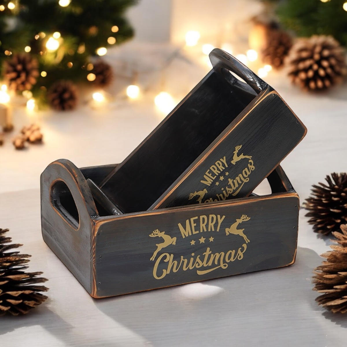 MSL Set of 2 Black Wooden Christmas Boxes, Hand Finished