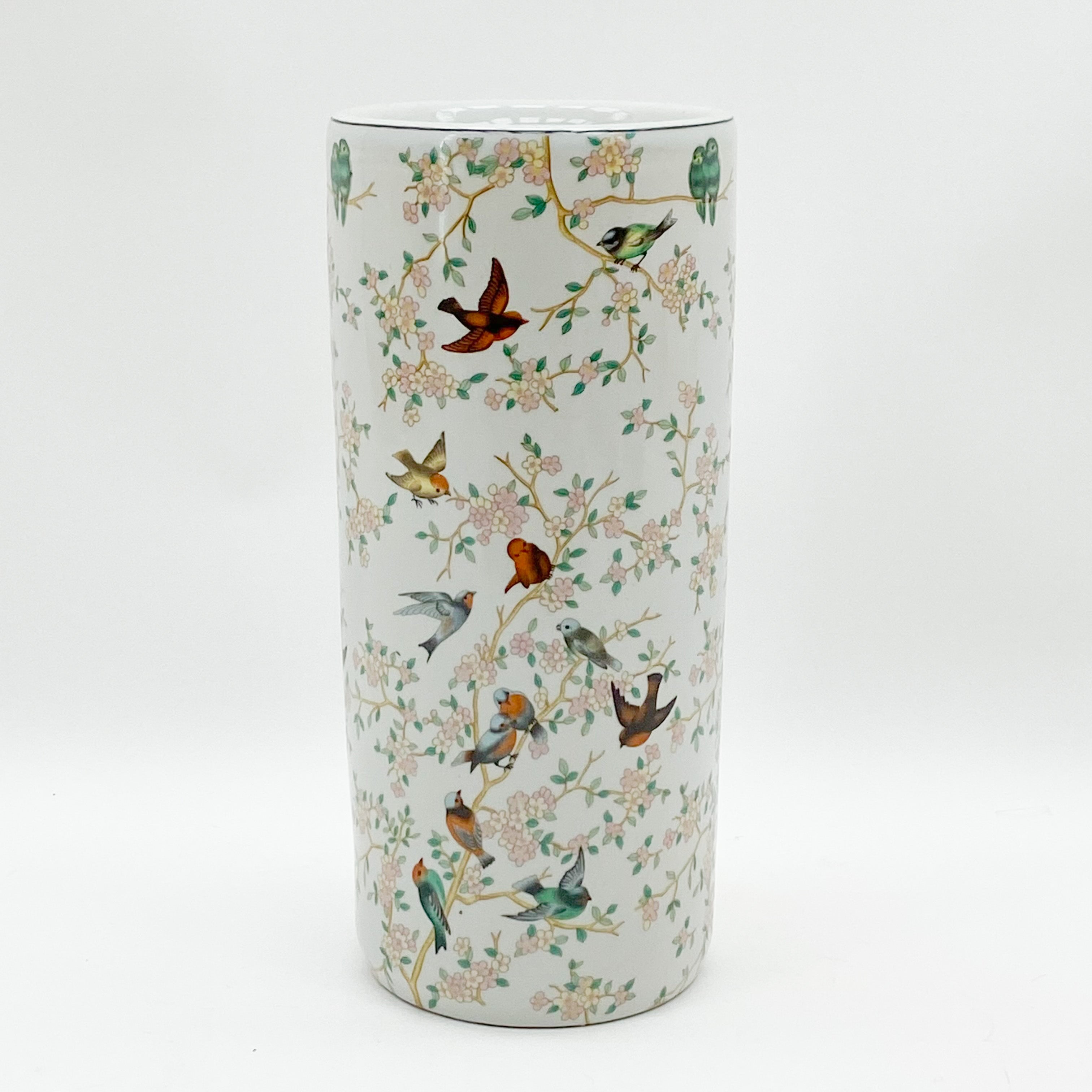 Traditional Style 18 Inch Round Birds & Floral Glazed Umbrella Stand
