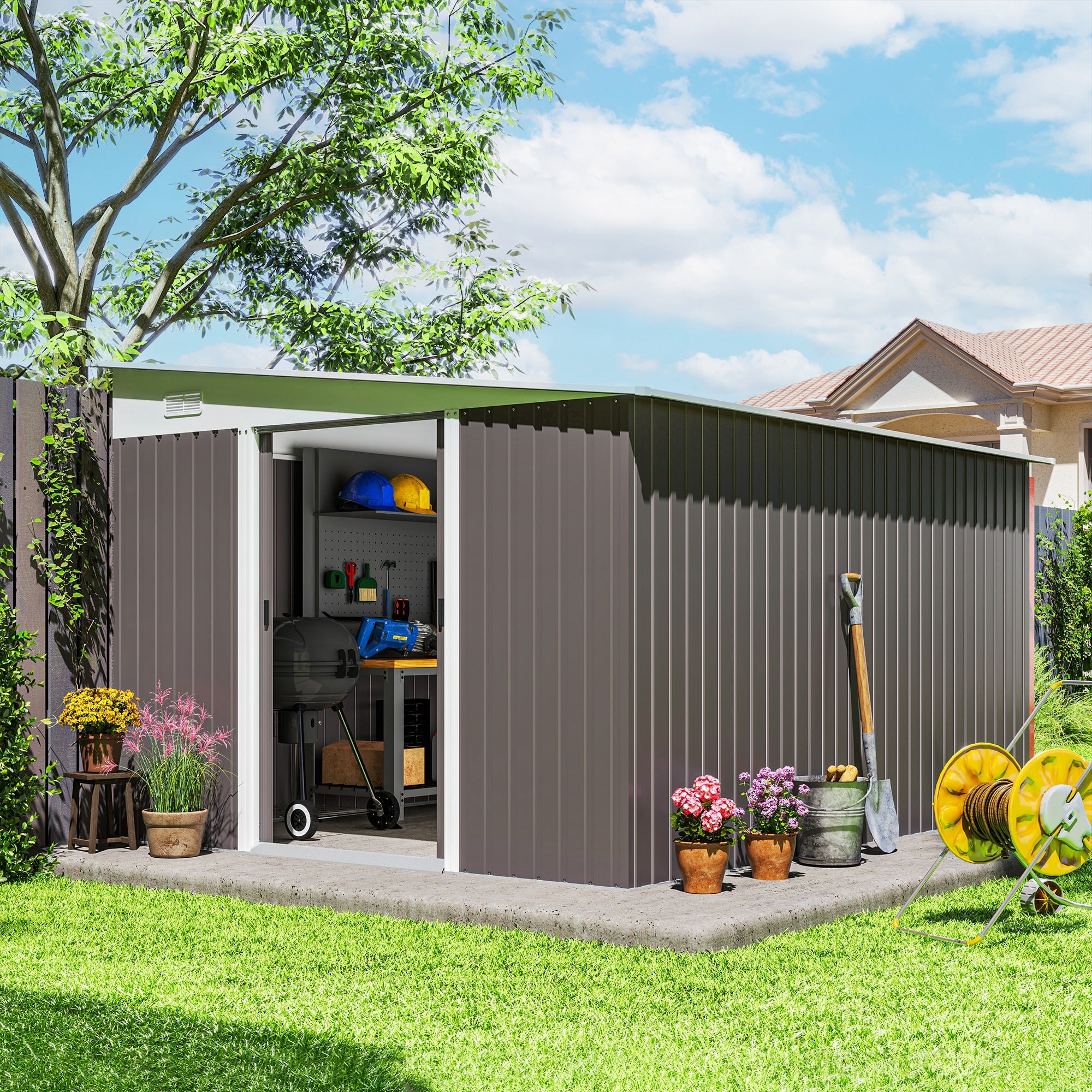 Outsunny 11.3 x 9.2ft Steel Garden Shed with Double Sliding Doors, 2 Air Vents, Grey