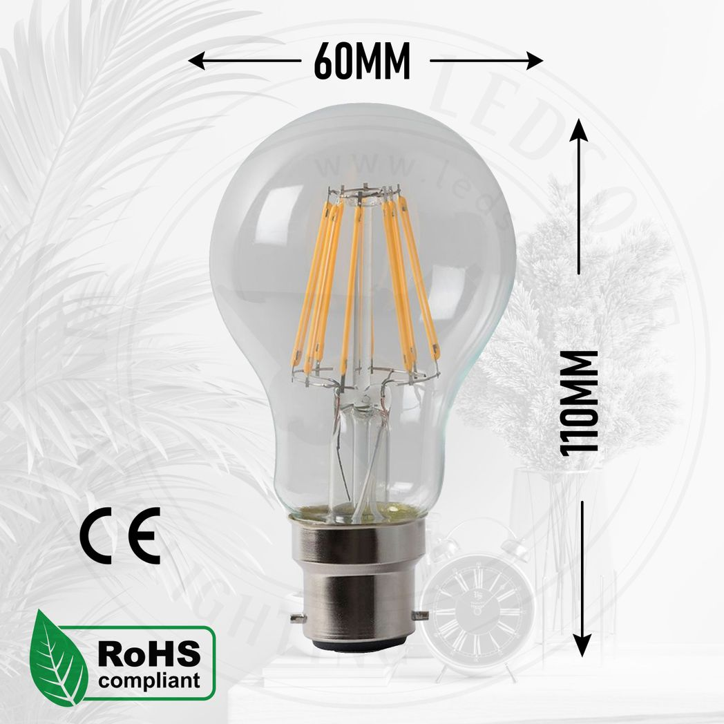 2 Pack A60 B22 Dimmable LED Filament Vintage Bulbs, 6000K Cool White