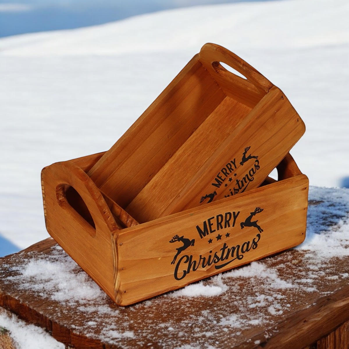 Set of 2 Hand Finished Wooden Christmas Boxes for Santa Treats