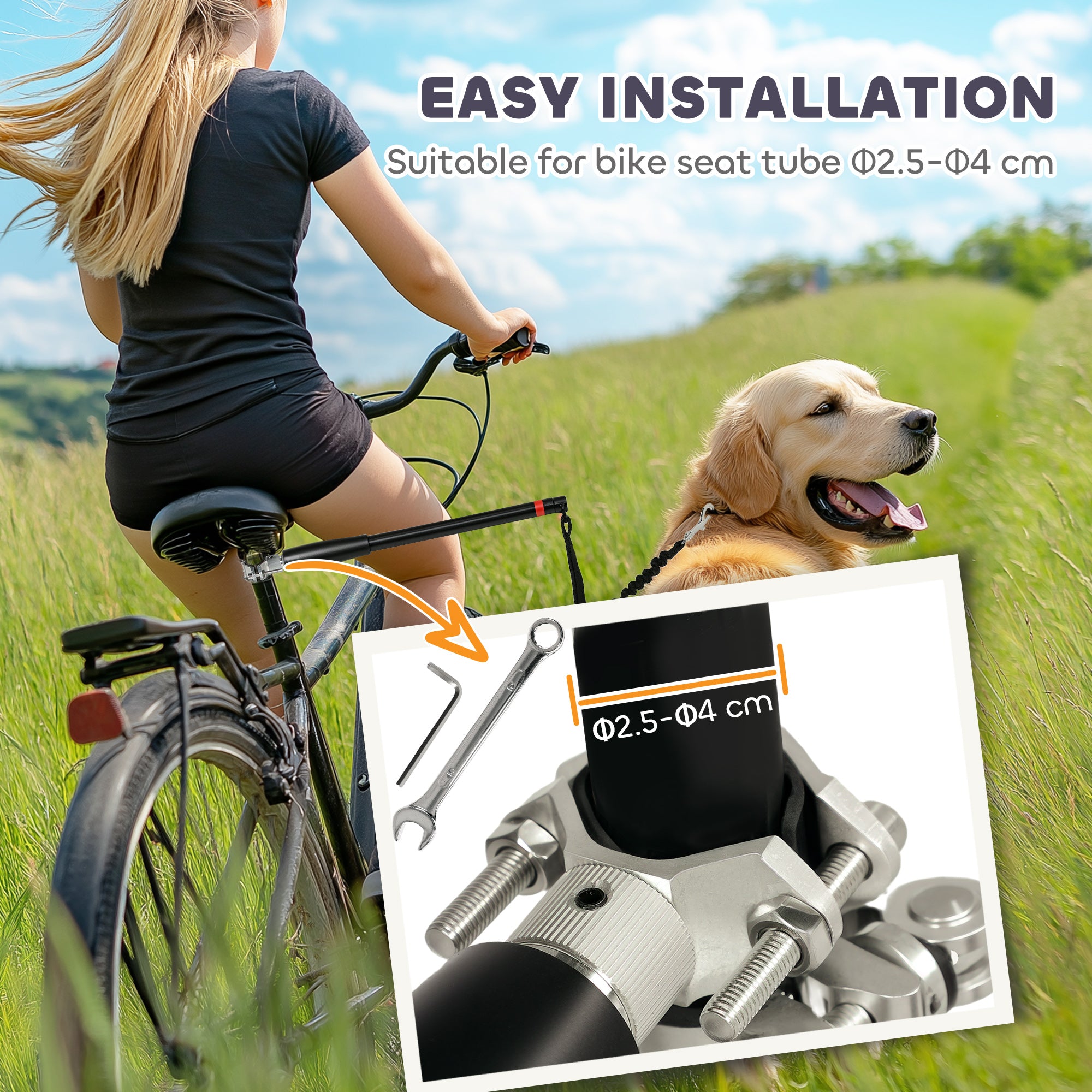 PawHut Dog Bicycle Leash with Elastic Rope, Easy Installation, Training Lead, Black