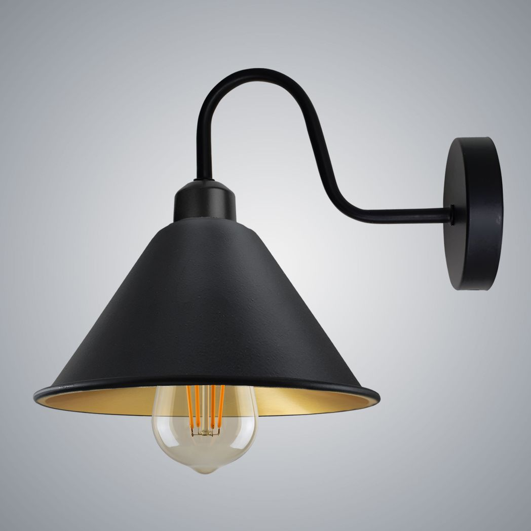 Vintage Black Gold Wall Sconce, E27 Cone Shade Wall Light