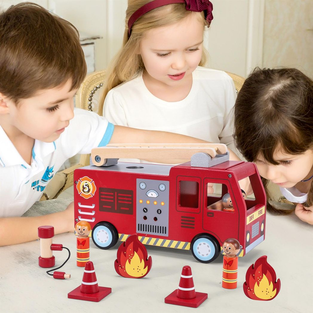 SOKA Wooden Fire Engine Truck Playset with 4 Firefighters