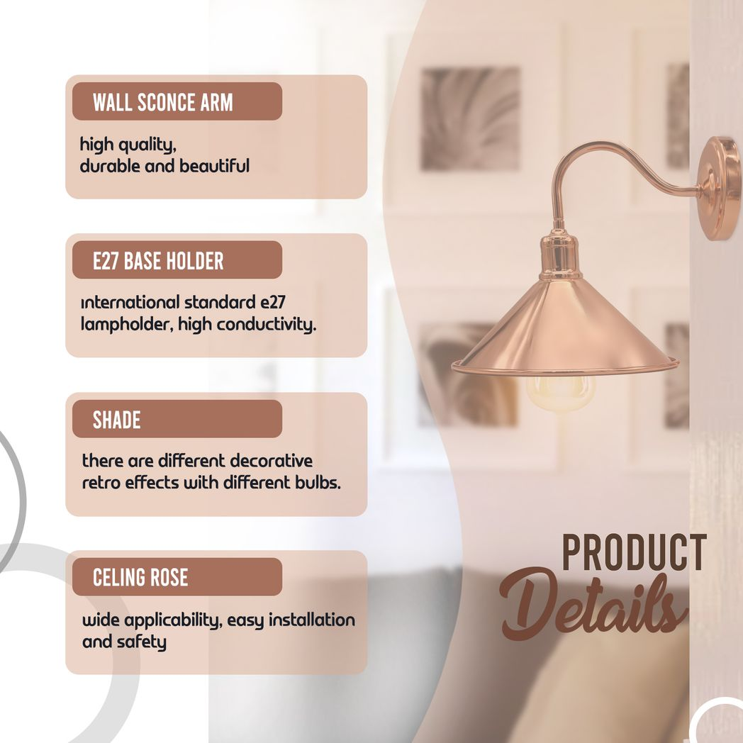 Rose Gold Vintage Retro Metal Wall Light, E27 Socket