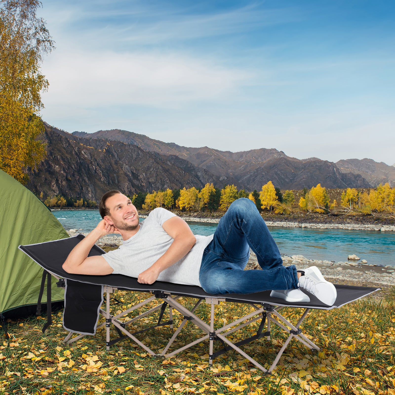Portable Folding Camping Cot with Carry Bag, Steel Frame, Black