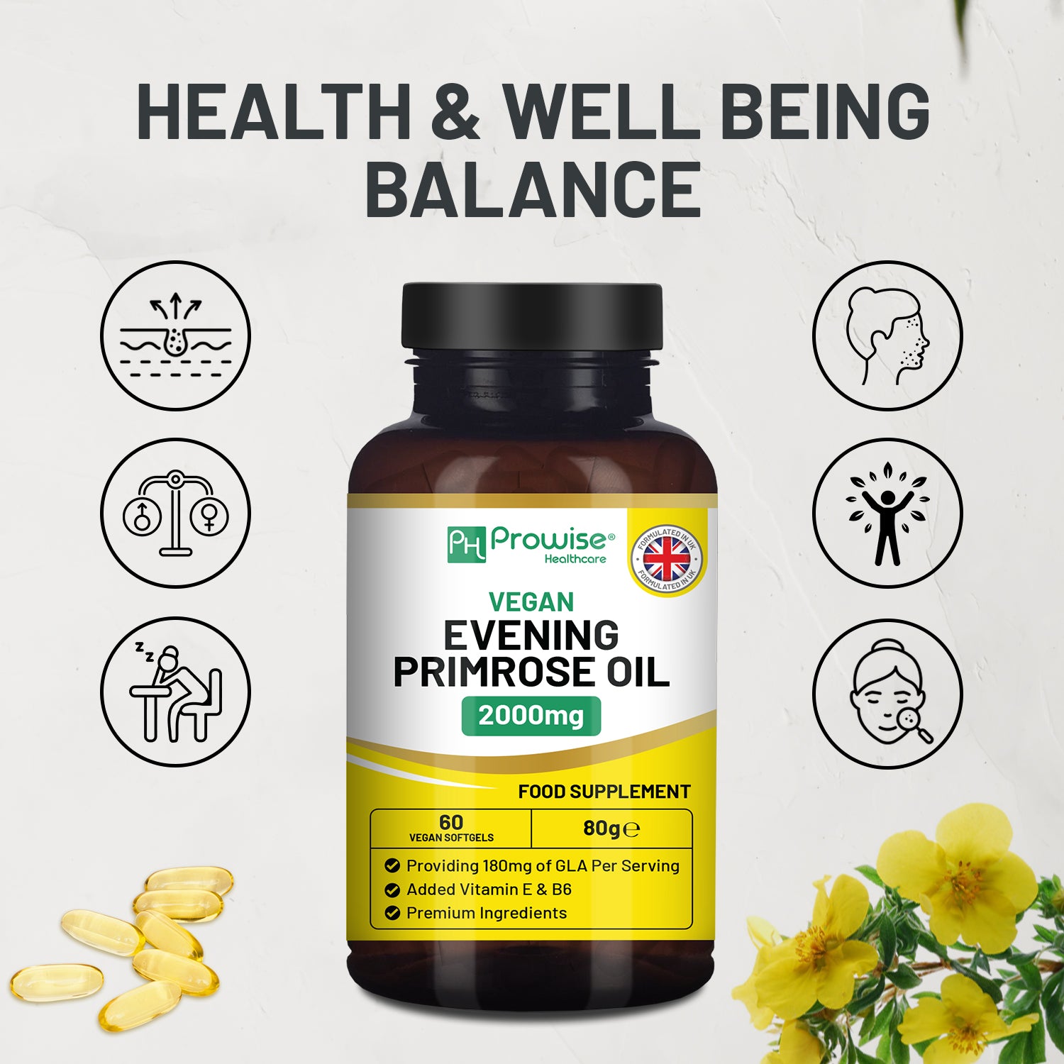 Prowise Healthcare Vegan Evening Primrose Oil 2000mg with Vitamin E & B6, 60 Vegan Softgels, Pure Cold Pressed, 180mg GLA per Capsule, Women's Health