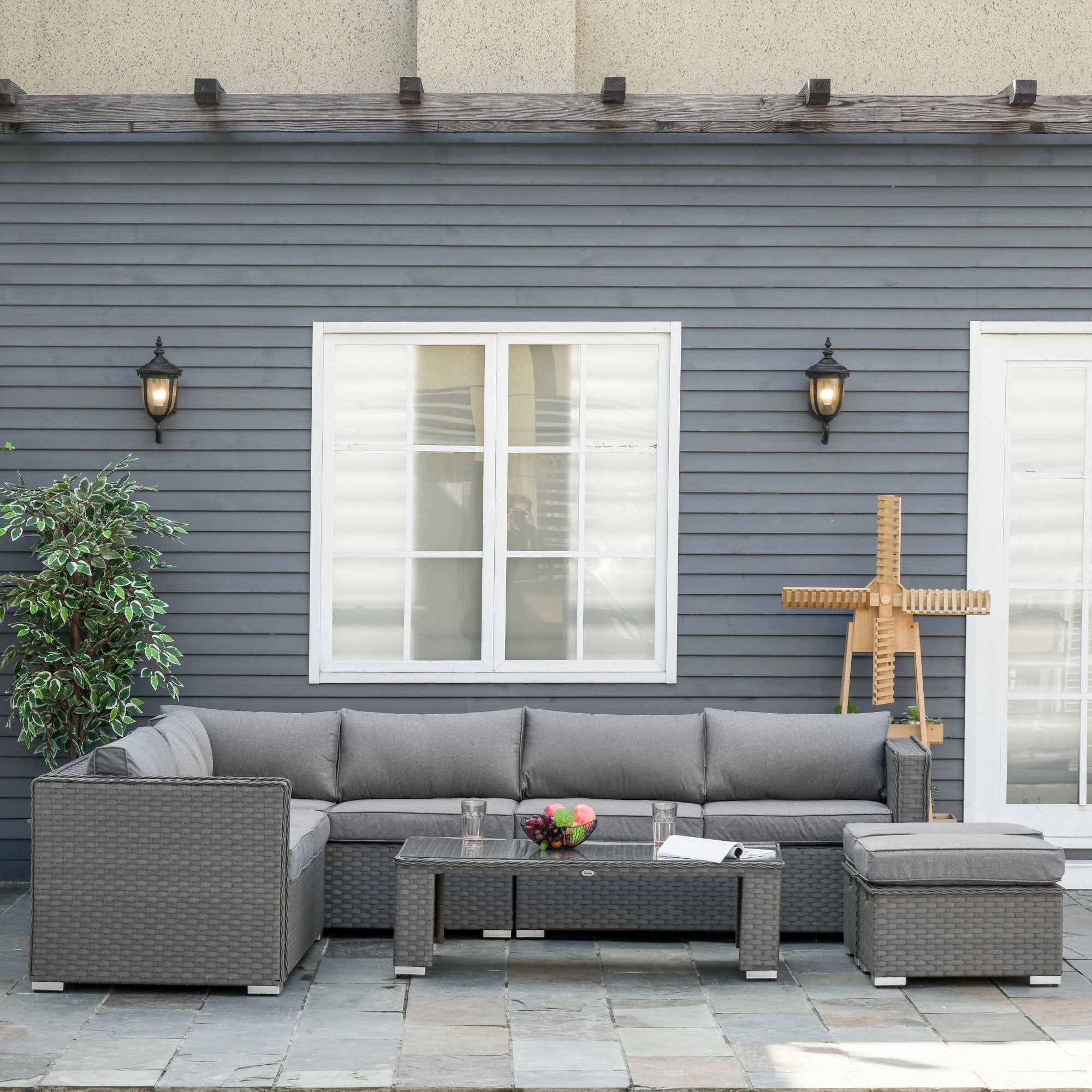 Outsunny 6-Piece Outdoor PE Rattan Corner Sofa Set, Table & Footstools - Grey