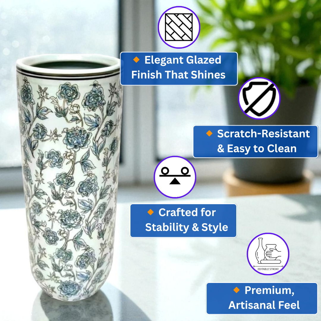 18 Inch Traditional Glazed Umbrella Stand and Large Vase for Fresh or Dried Flowers, Twigs and Branches