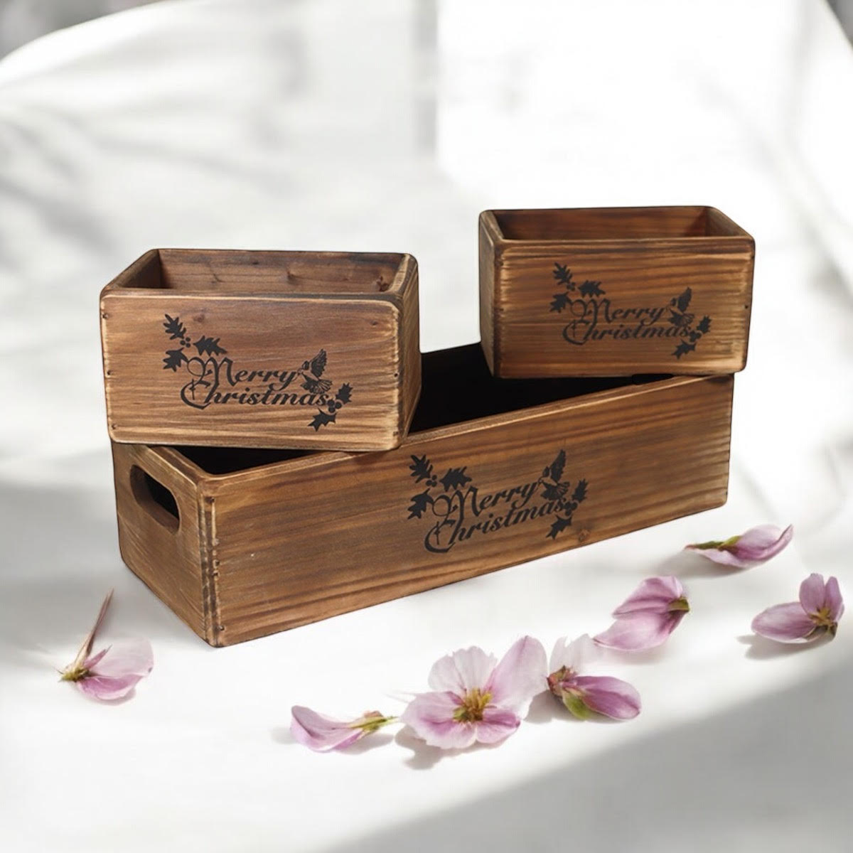 MSL Set of 3 Hand Finished Wooden Christmas Boxes 34/15/15cm