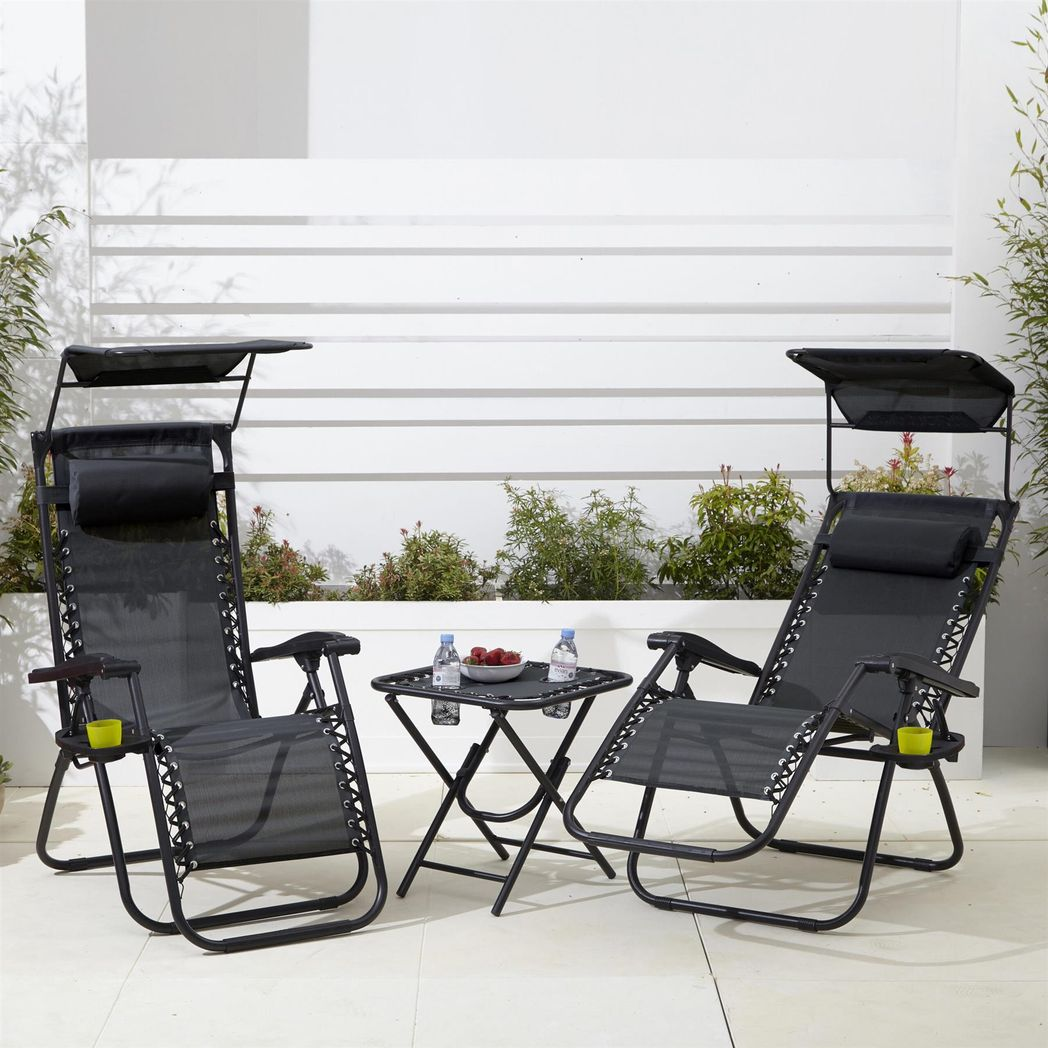 Neo Black Folding Zero Gravity Garden Chair and Table Set with 2 Reclining Chairs and Side Table