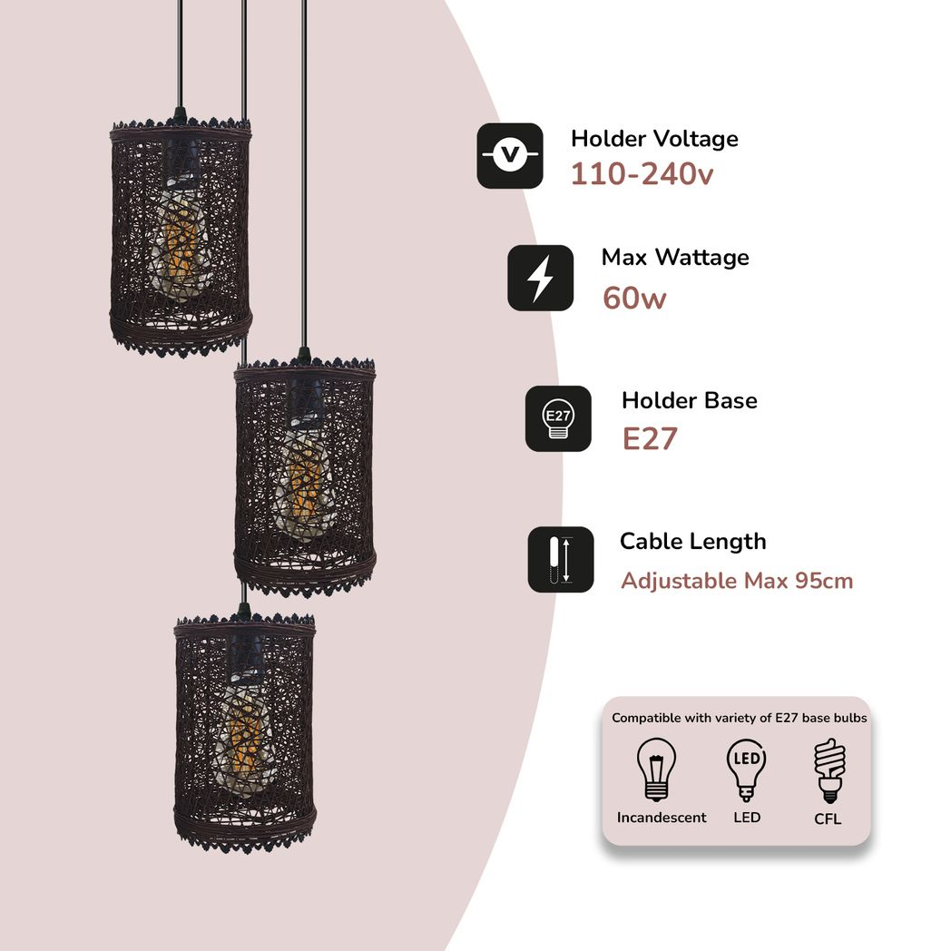 3 Head Round Base Natural Wicker Rattan Ceiling Pendant Light Shade