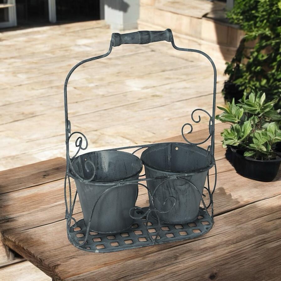 MSL White 2-Pot Basket Pot Holder with Handle for Indoor or Outdoor Use