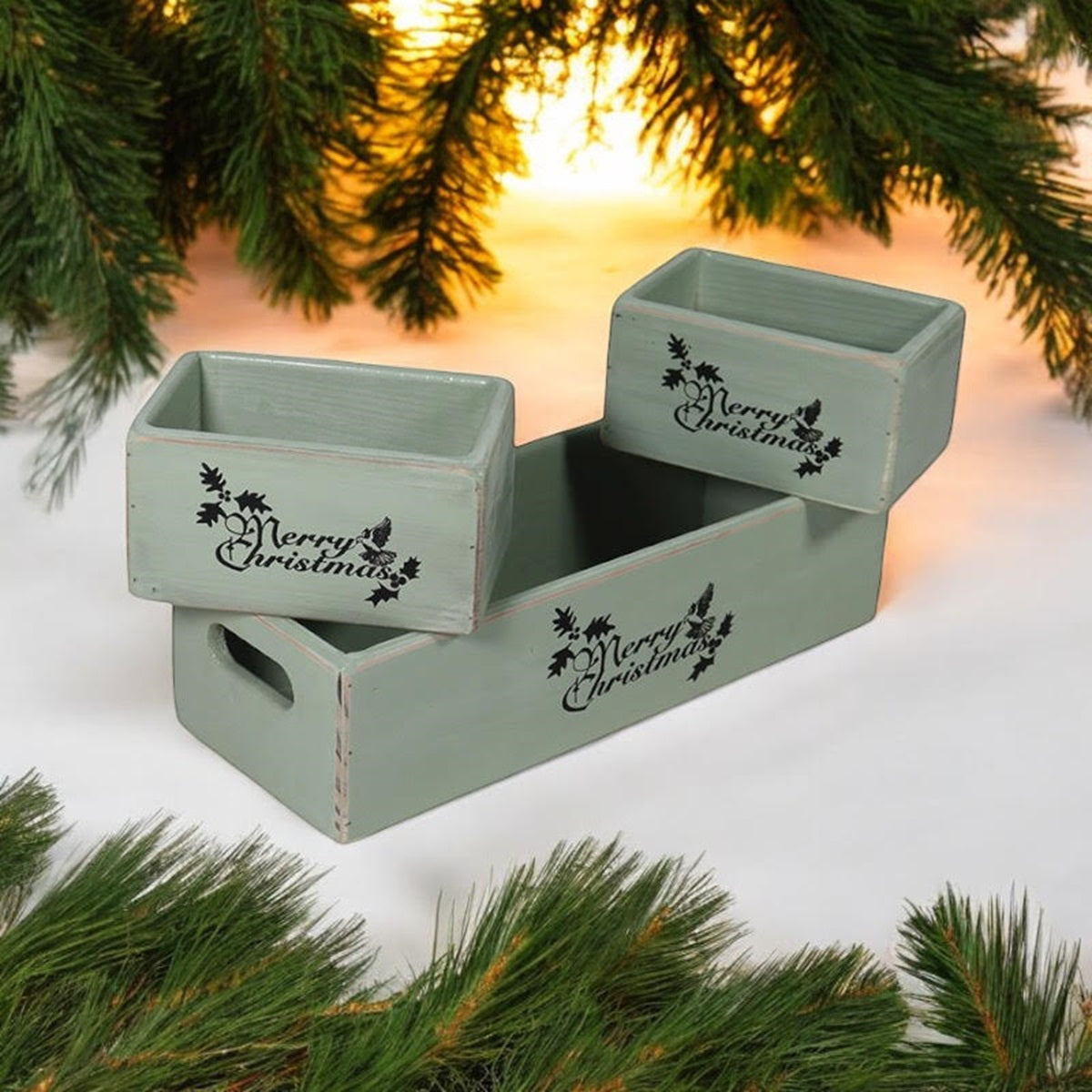 Set of 3 Rustic Green Wooden Christmas Boxes, 34/15/15CM, Hand Finished, Ready to Fill