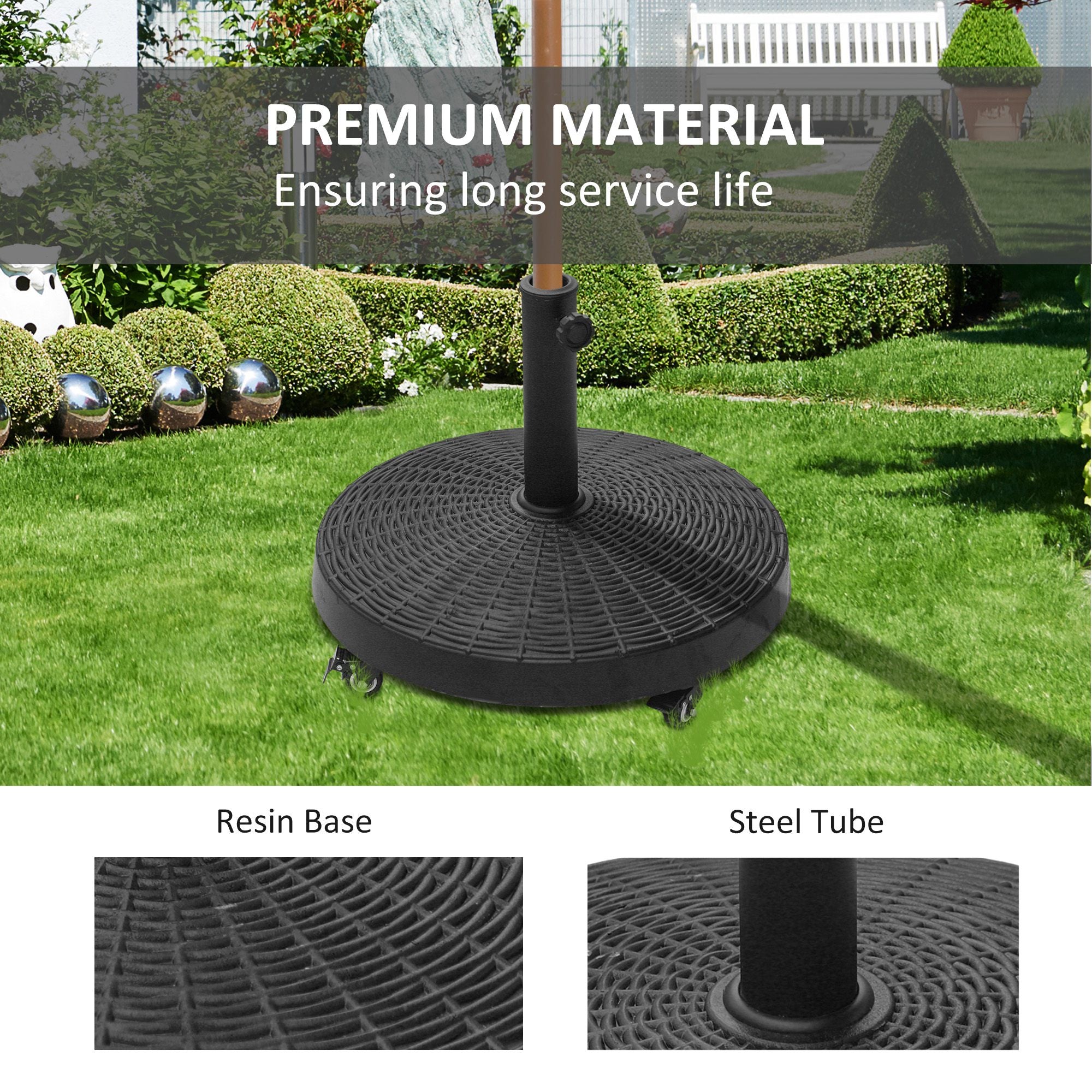 Outsunny Resin Patio Umbrella Base with Wheels, Black, Fits 38mm and 48mm Poles