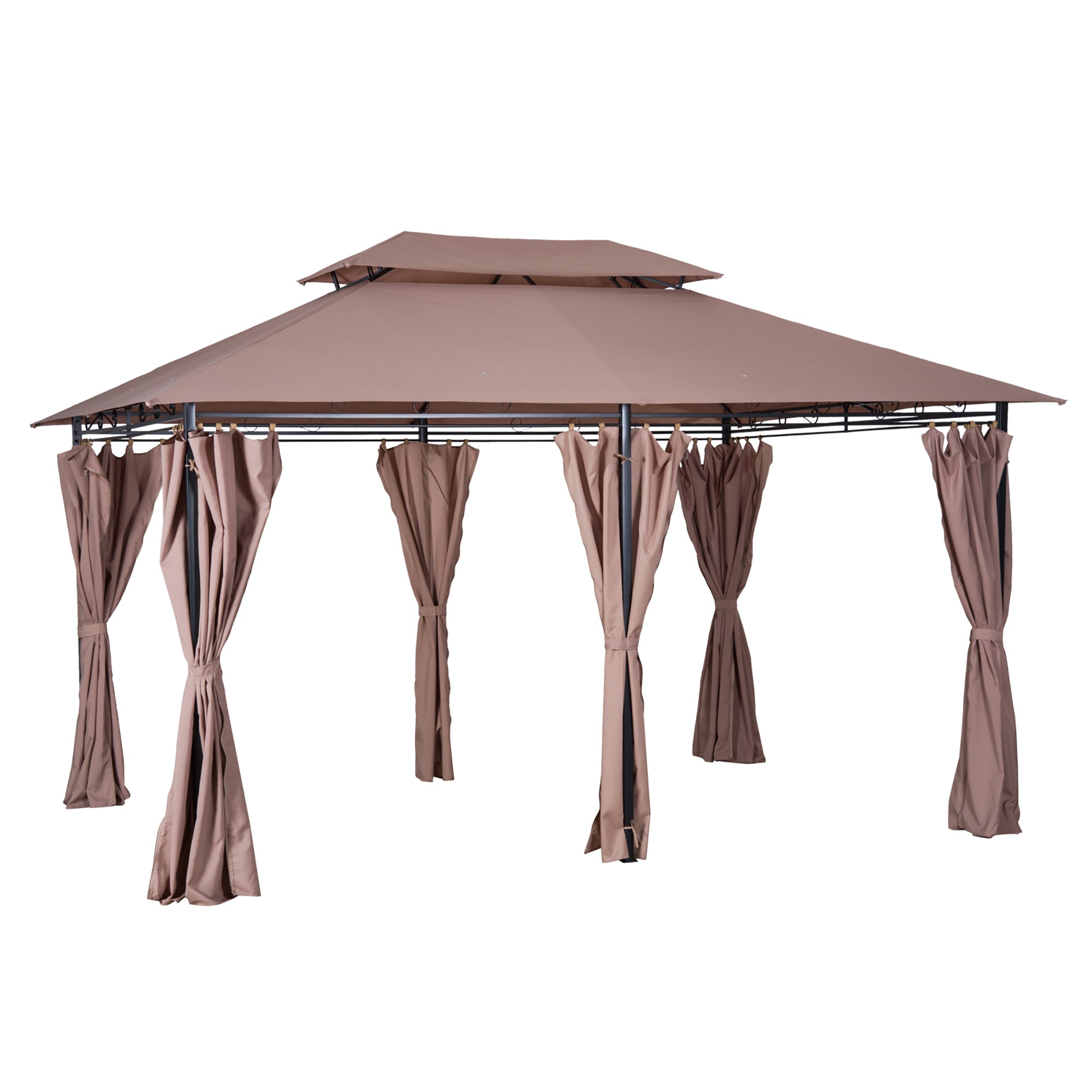 Outsunny 4m x 3m Steel Frame Garden Pavilion Gazebo with Two-Tier Roof and Curtains Khaki