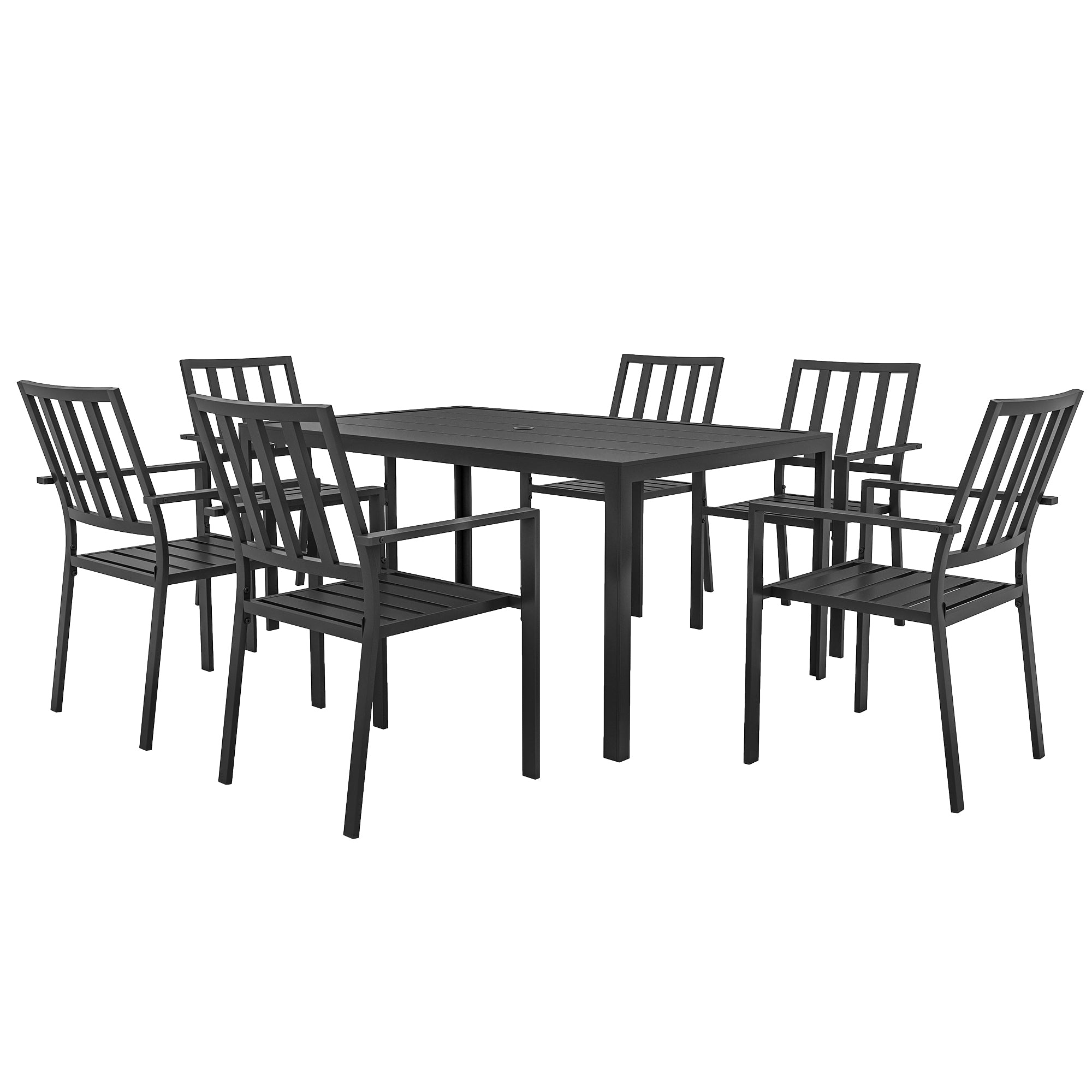 Outsunny 7 Piece Outdoor Garden Dining Set with Metal Table and 6 Stackable Armchairs, Black