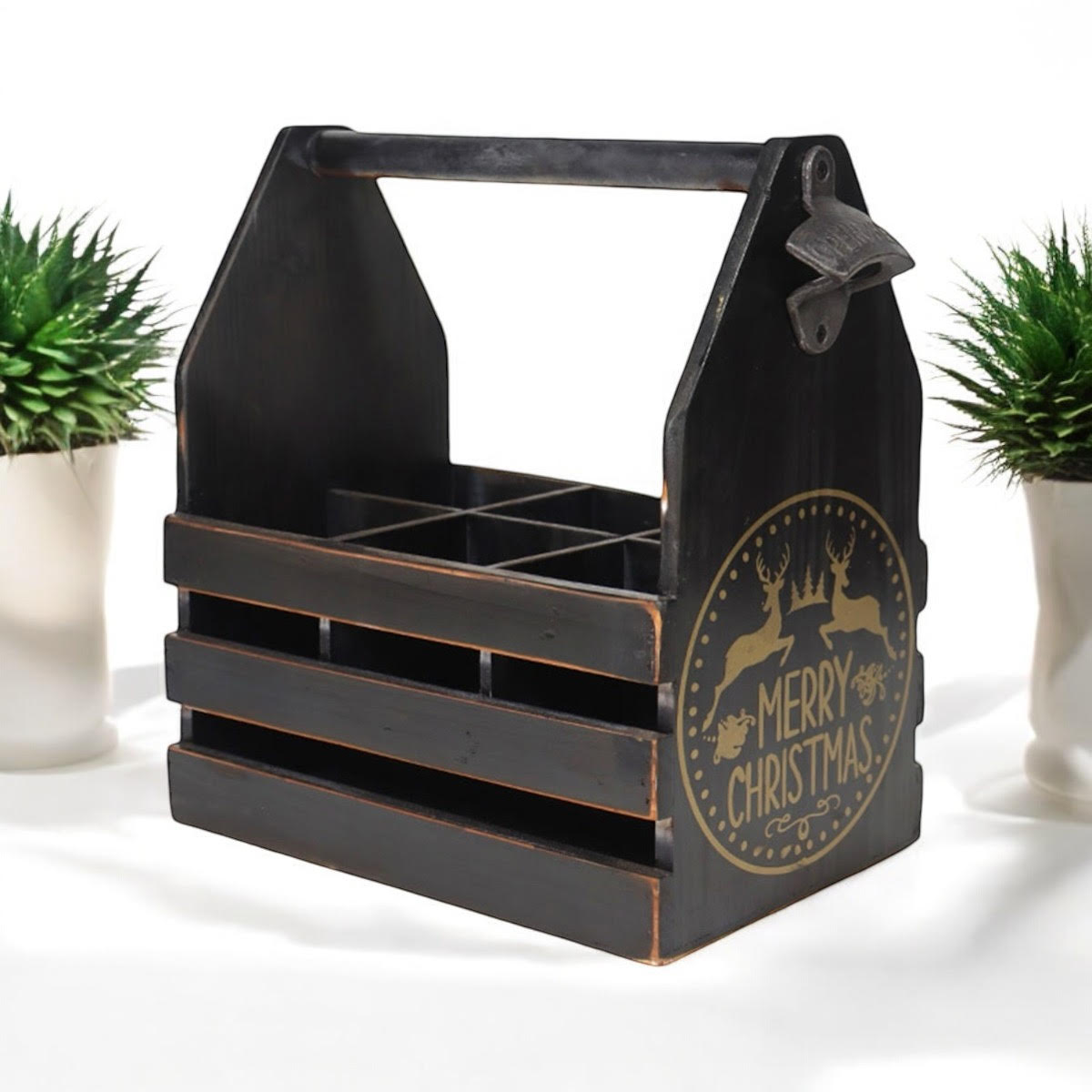 Black Rustic 6 Bottle Holder with Metal Opener, Hand Finished