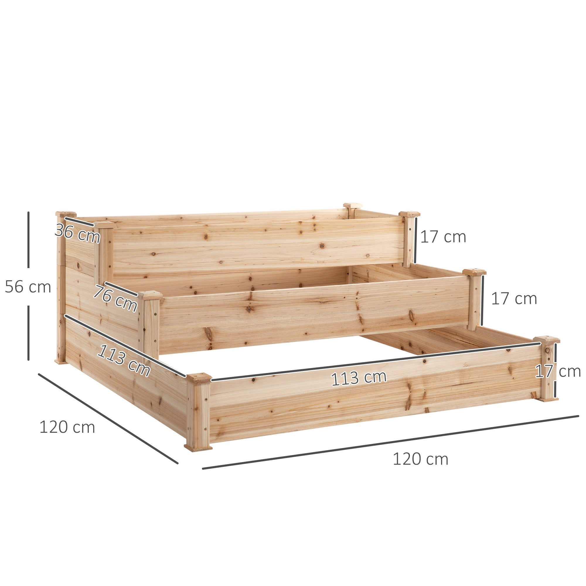 Outsunny Wooden 3-Tier Raised Planter Bed, 124x124x56cm