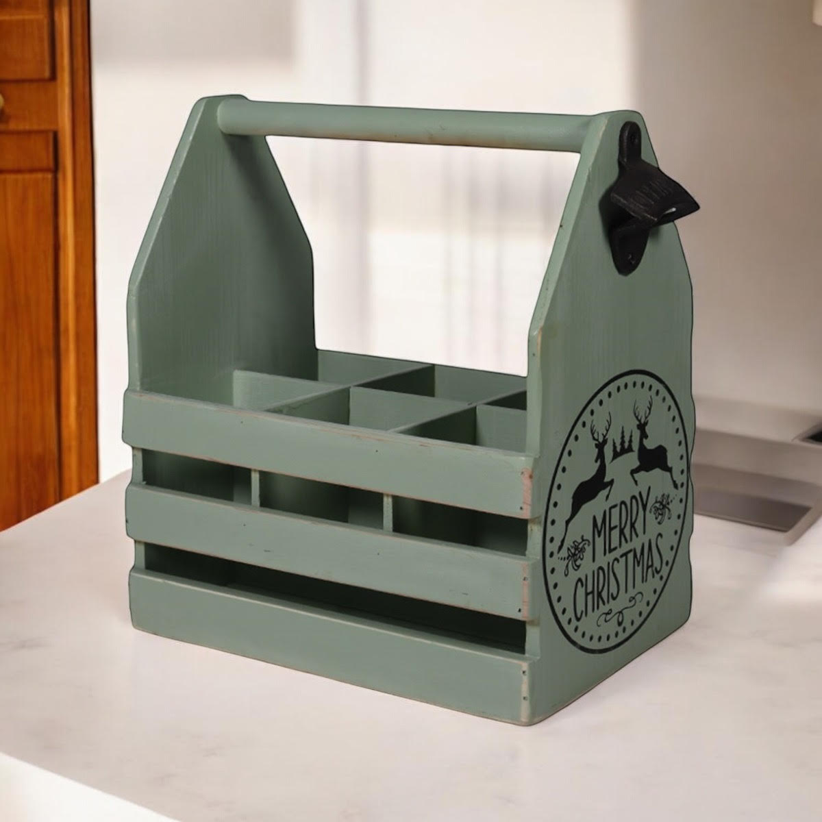 Rustic Green 6-Bottle Holder with Opener Hand Finished Wine Caddy for Beer Lovers