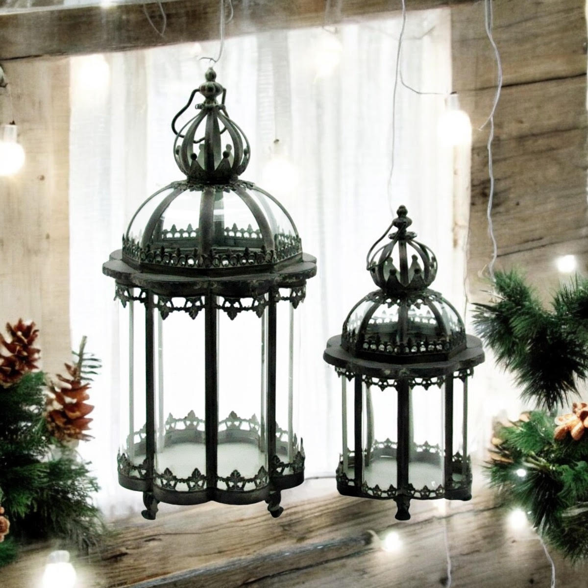 Set of 2 Grey Hand-Finished Metal Garden Lanterns 65/45cm