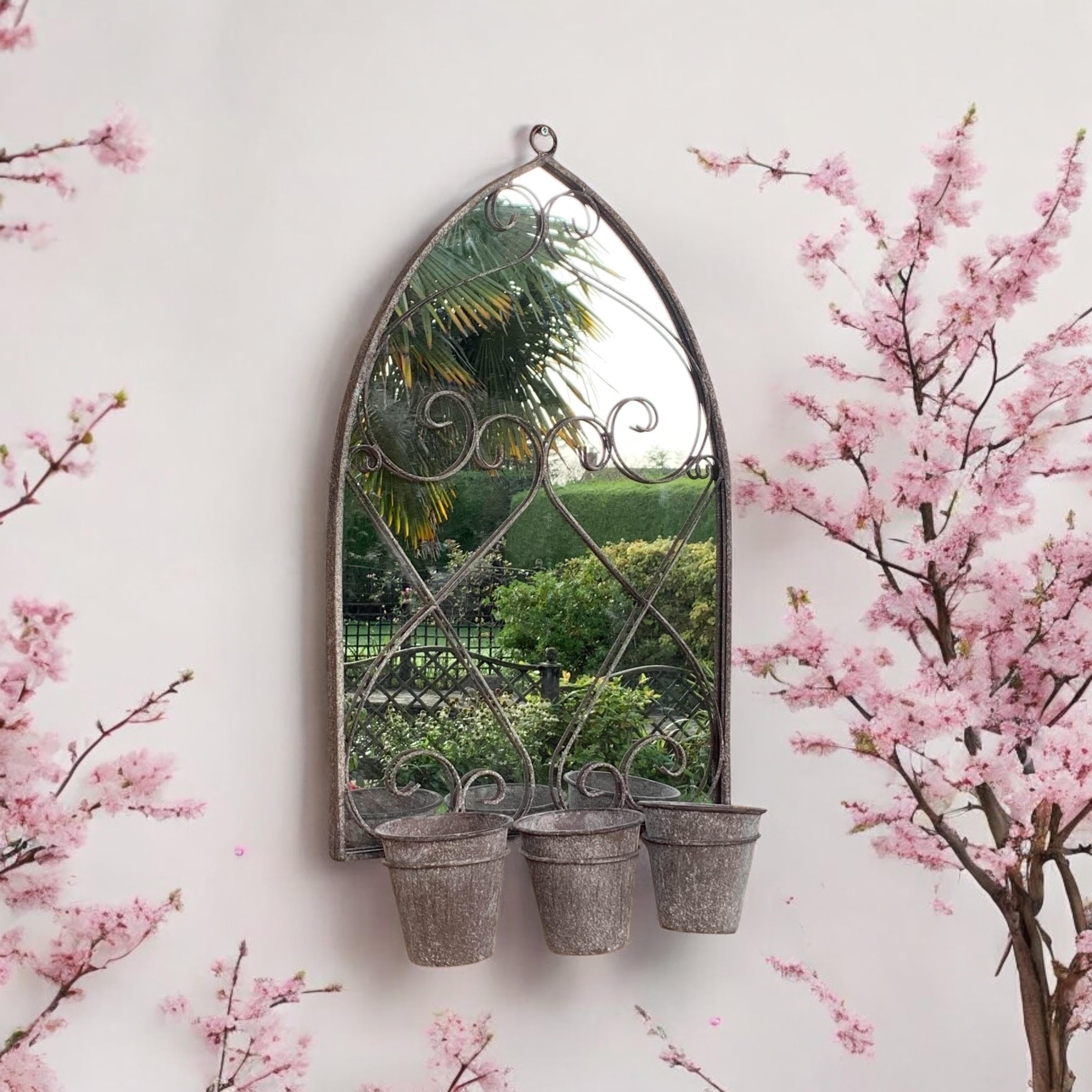 MSL 73cm Rusty Wall Mirror with 3 Planter Holders and Pot