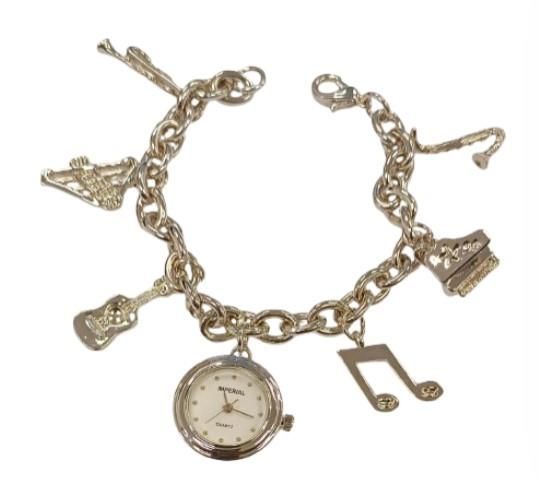 Imperial Ladies Girls Mini Dial Watch Gift Set with Hanging Musical Instrument Charms on Bracelet Strap