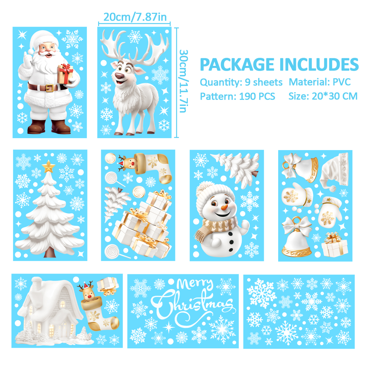 Reusable 190-Piece Double-Sided Christmas Window Stickers, Static Clings with Snowflake, Reindeer and Holiday Scene Designs