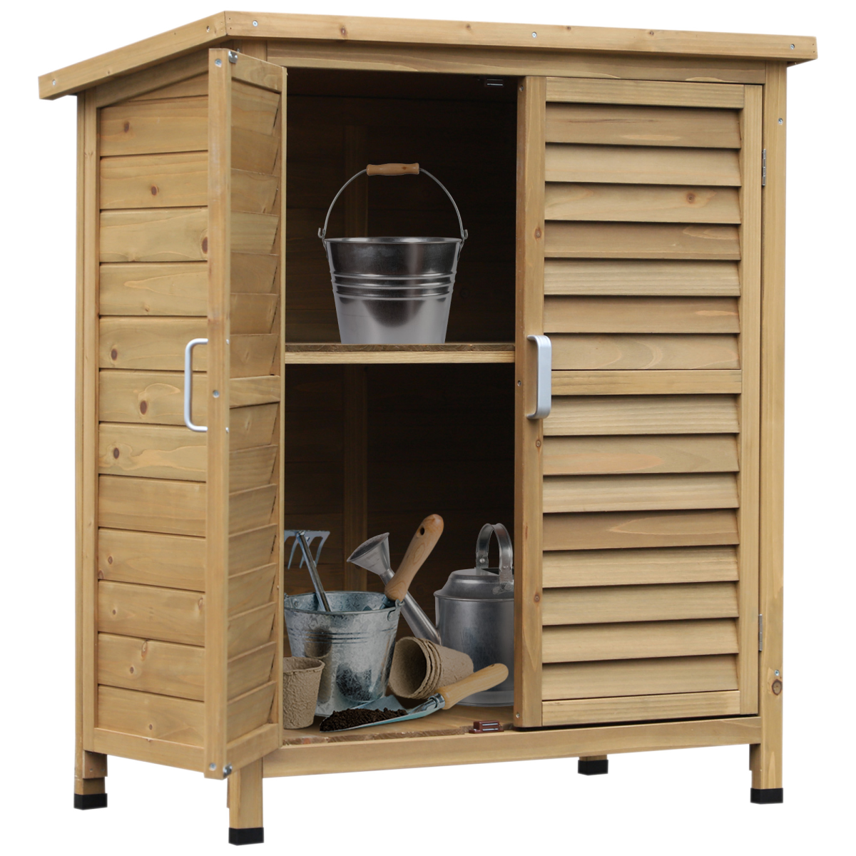 Outsunny Solid Fir Wood Garden Storage Cabinet with Shelves and Ventilated Doors