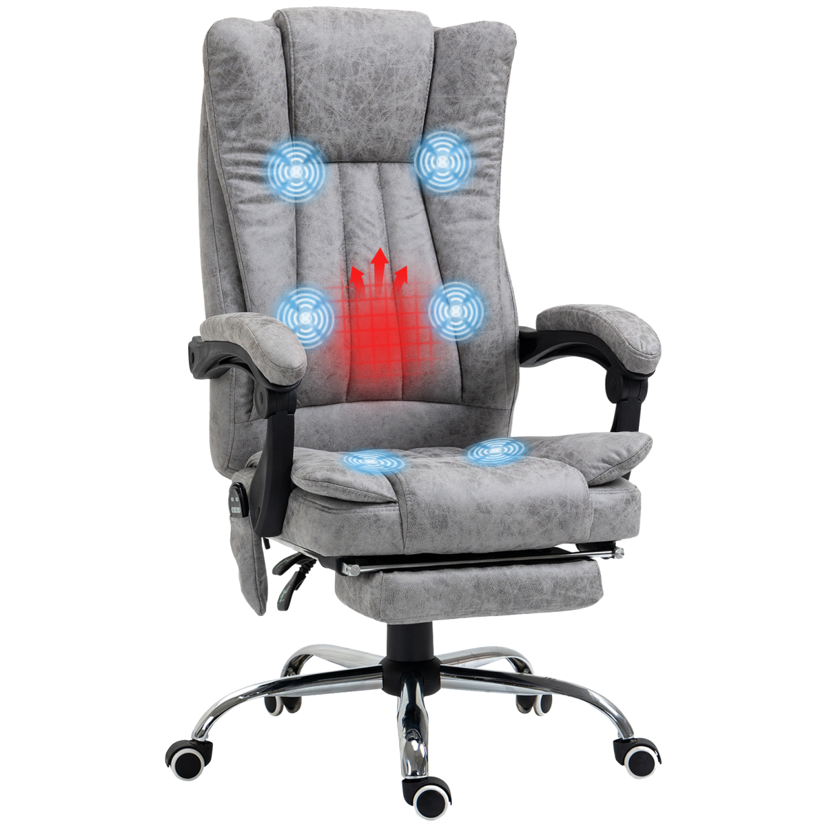 6-Point Vibrating Massage Office Chair with Heating, Microfibre Upholstery and Arms, Grey