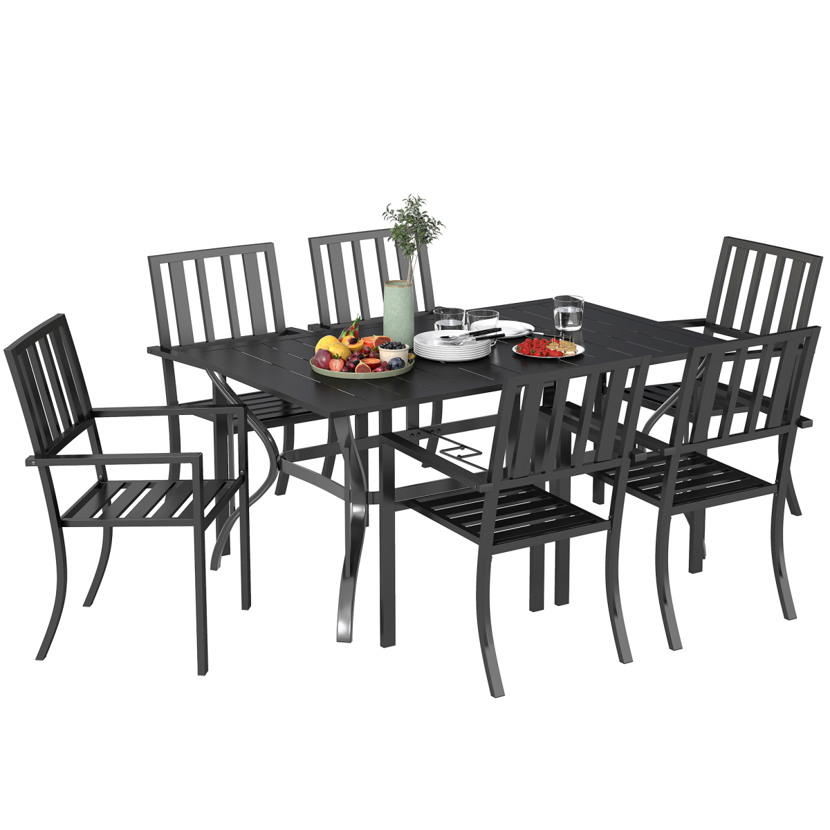 Outsunny 7-Piece Galvanised Steel Patio Dining Set with 42mm Umbrella Hole, Black