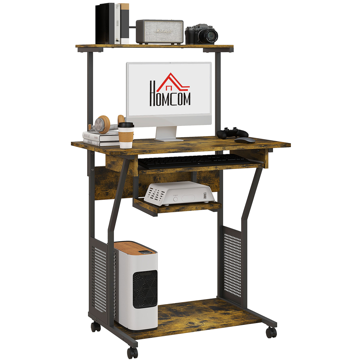 HOMCOM Rolling Computer Desk with Keyboard Tray, Storage Shelves