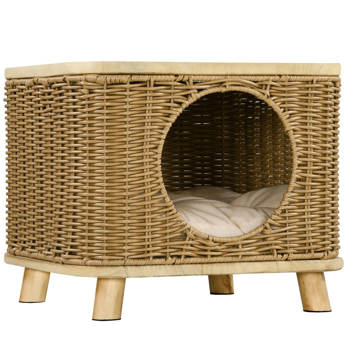 PawHut Elevated Wicker Cat House with Washable Cushion, Light Brown
