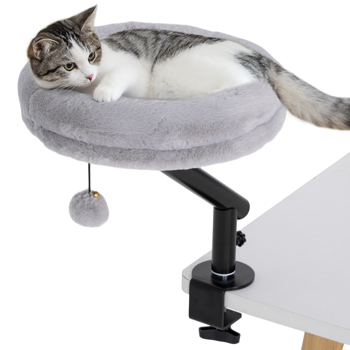 PawHut 360° Rotating Adjustable Cat Desk Bed with Clamp, Grey