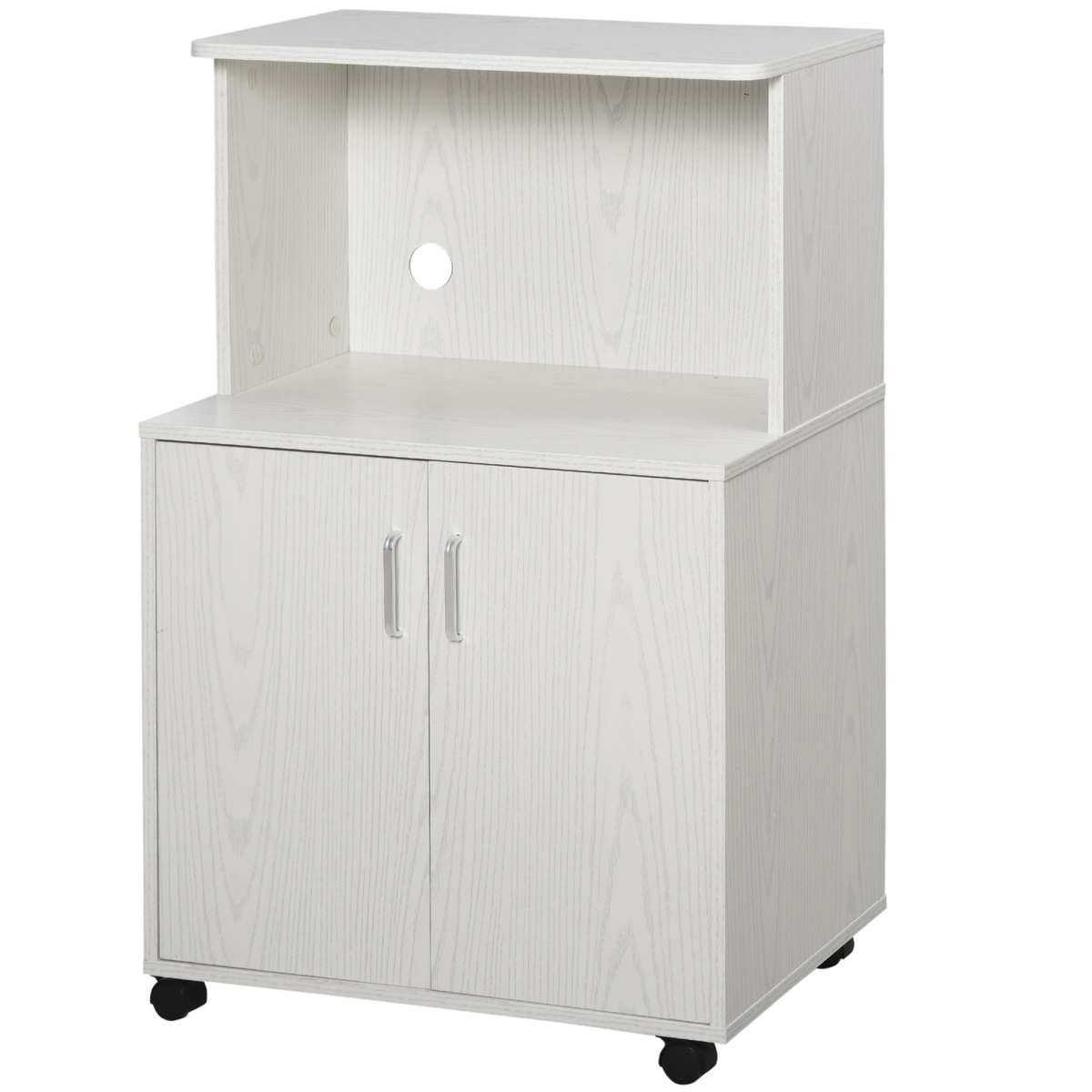 HOMCOM Microwave Cart on Wheels, Kitchen Utility Trolley with Storage Cabinet, Adjustable Shelf, Open Top Compartment, Lockable Wheels, White, 97x60.4x40.3cm
