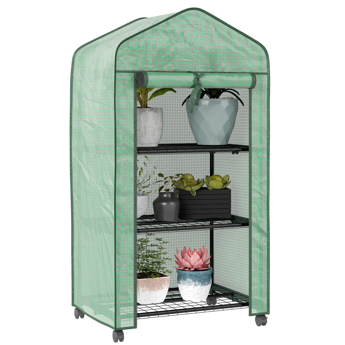 Outsunny Portable Mini Greenhouse with Wheels and Roll-Up Door, Green