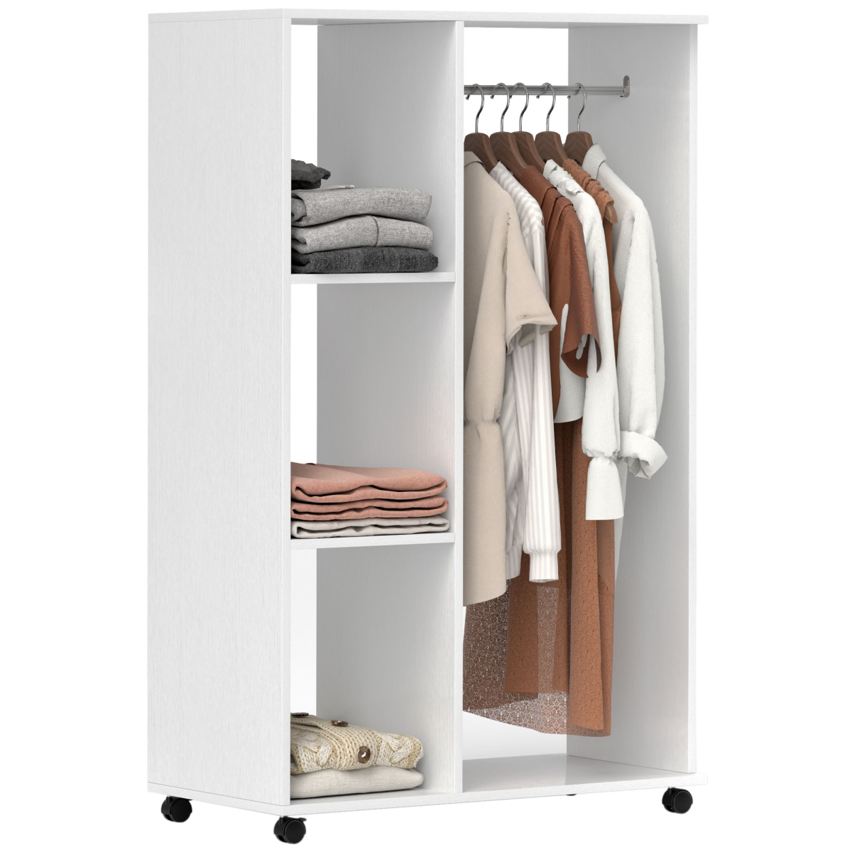 White Storage Wardrobe with Shelves, Hanging Rail & Wheels