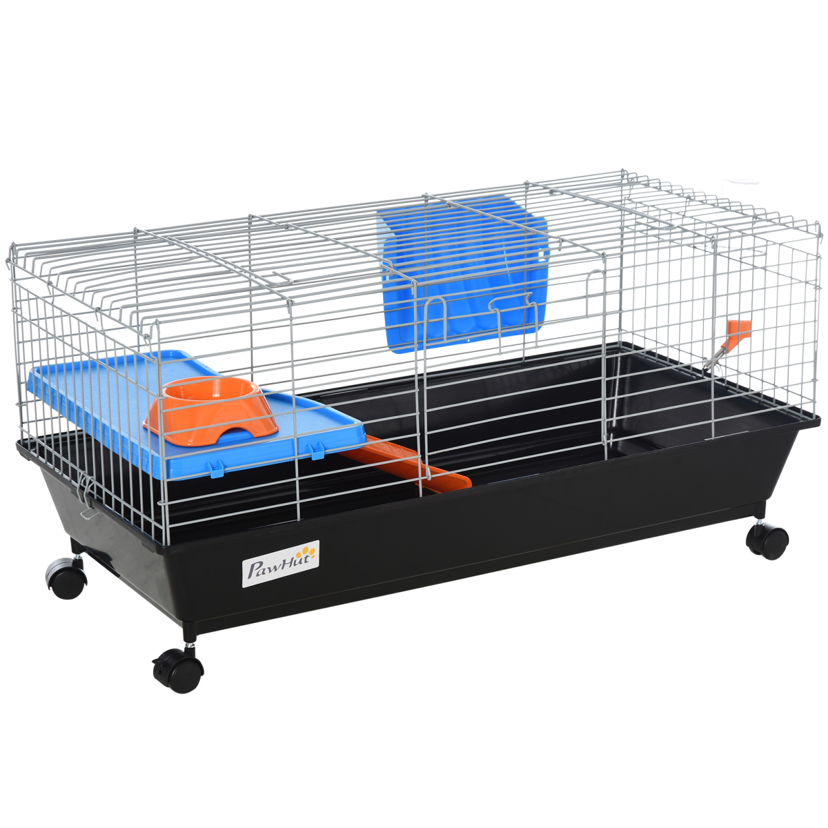 Pawhut 89cm Small Animal Home Cage with Wheels, Platform, Ramp, Hay Feeder, Water Bottle and Food Dish, Black