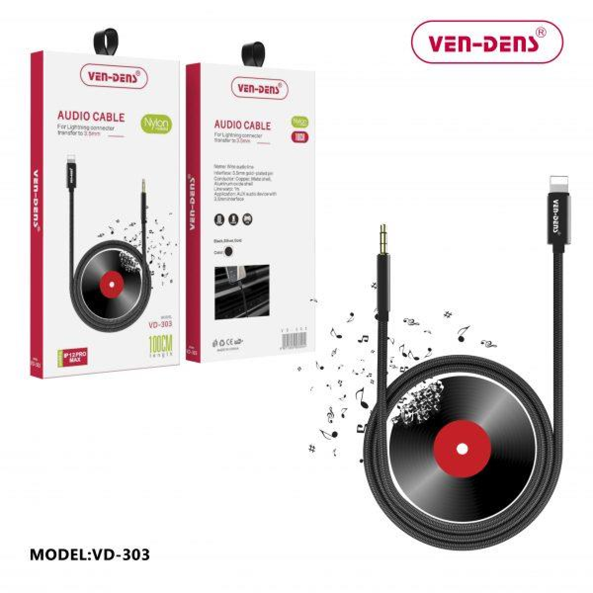 Ven-Dens Lightning to 3.5mm AUX Audio Cable 1m