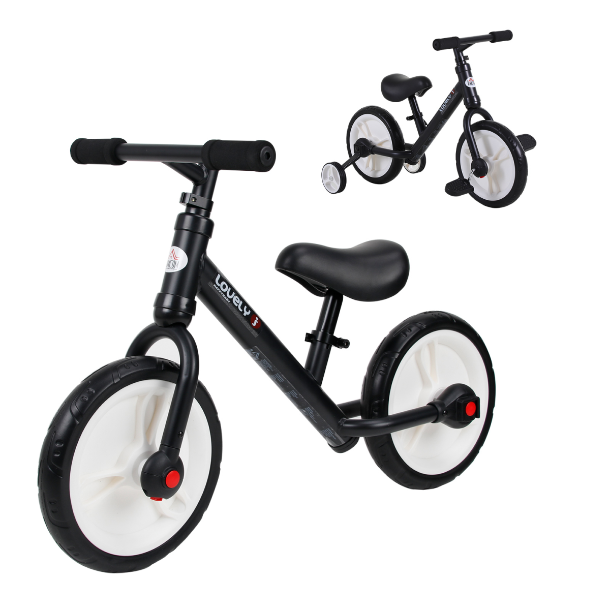 HOMCOM 2-in-1 Kids Balance Bike with Stabilizers, Black, Ages 2-5