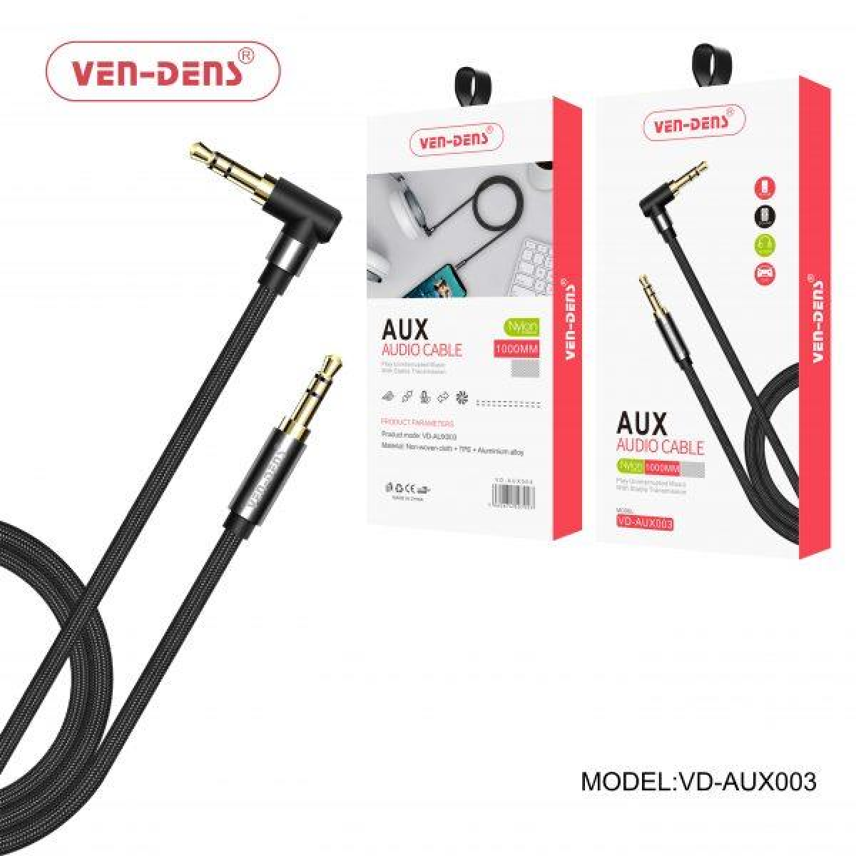 Ven-Dens Aux Audio Cable 1000mm for Stable Music Playback