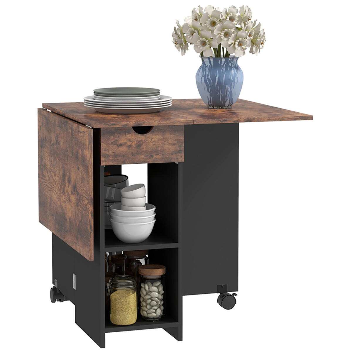 Expandable Drop Leaf Dining Table with Storage, Seats 4, Rustic Brown