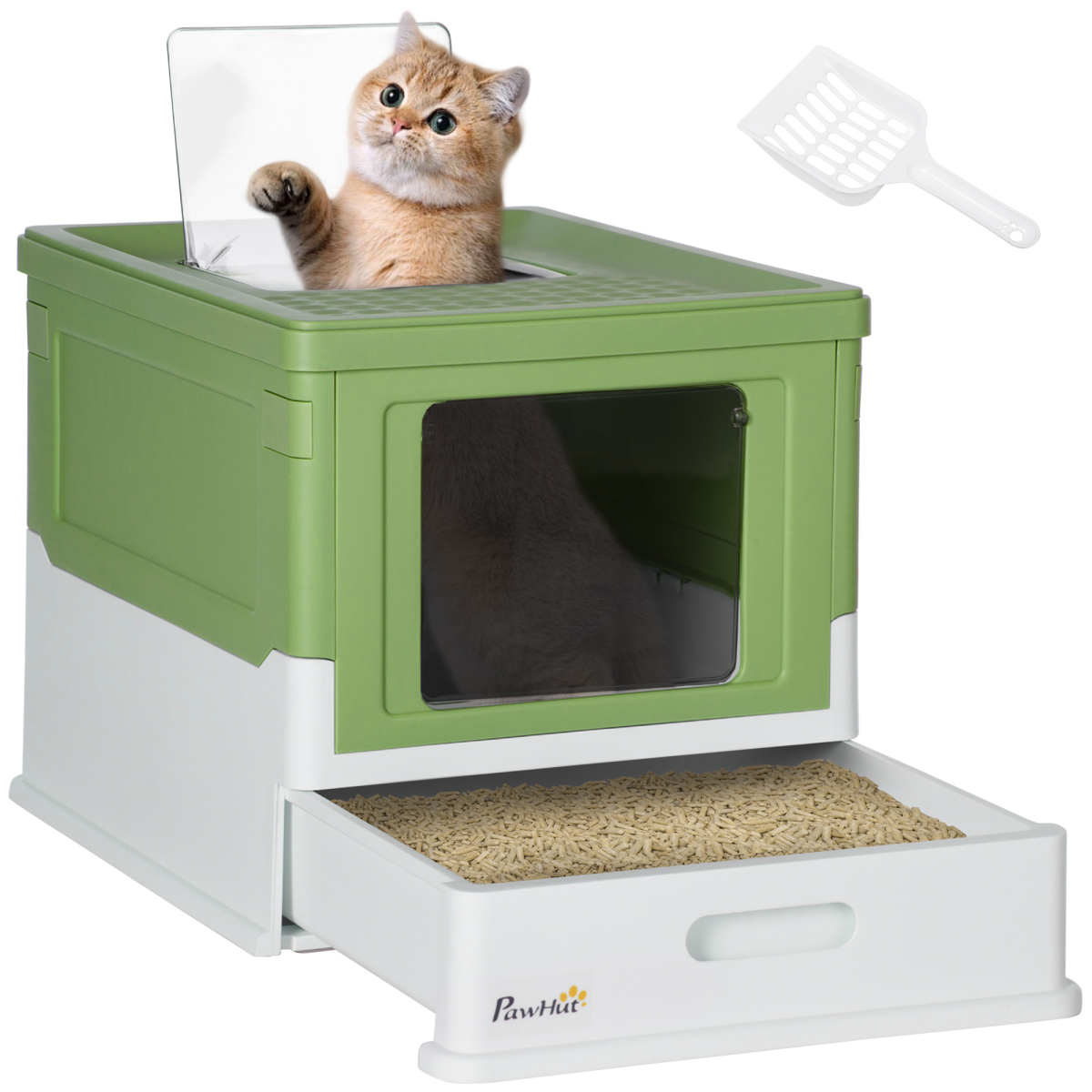 PawHut Enclosed Top-Entry Cat Litter Box with Scoop, Lime Green