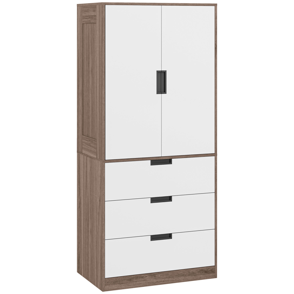 HOMCOM 2-Door Brown Wardrobe with 3 Drawers and Hanging Rod