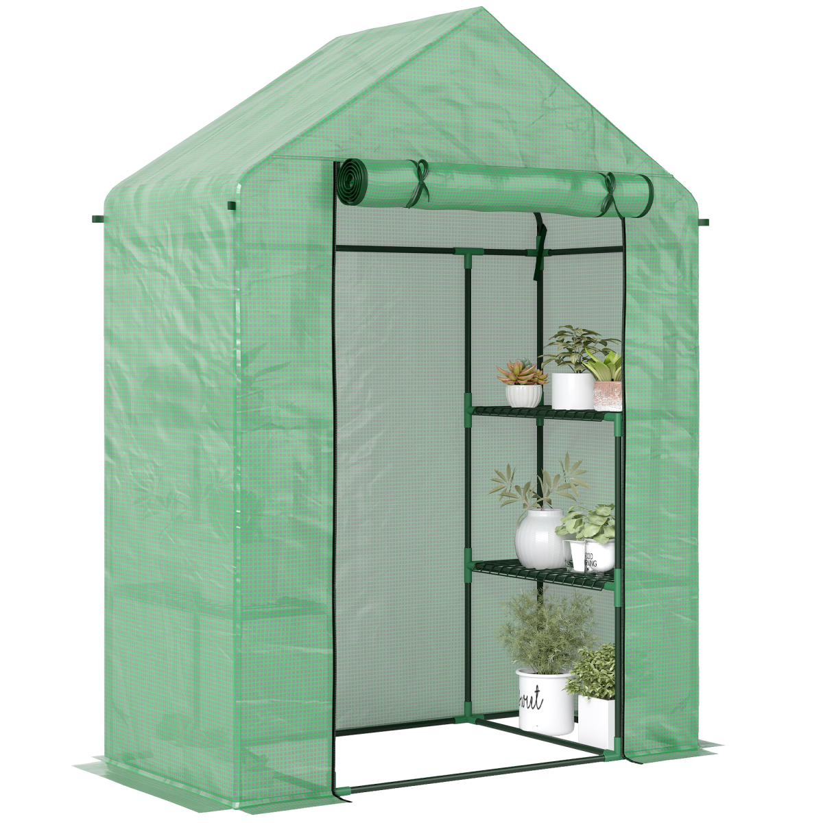 Outsunny Walk-In Greenhouse with 2-Tier Shelves, Roll-Up Zipper Door, PE Cover, 141 x 72 x 191 cm, Green
